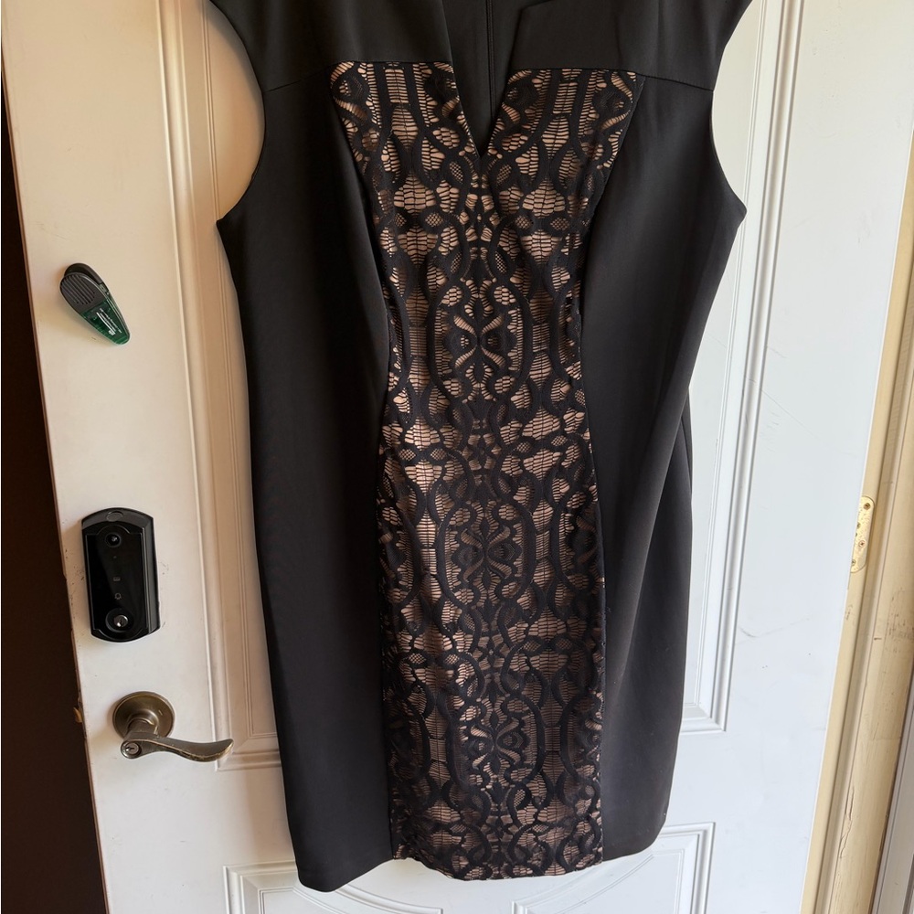 Black Lace-Panel Midi Sheath Dress